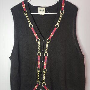 Leslie Fay Black Knit Embroidered Belt Vest